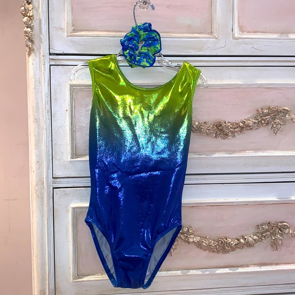 Blue and green shiny ombré Leotard with scrunching